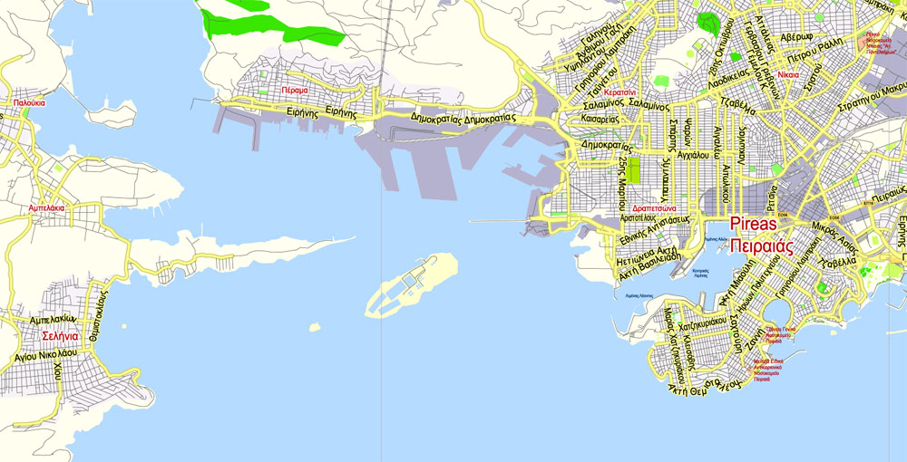 Athens + Piraeus Greece Printable Vector Map, Greece, exact City Plan, 2000 meters scale Street Map Greek names fully editable, Adobe Illustrator