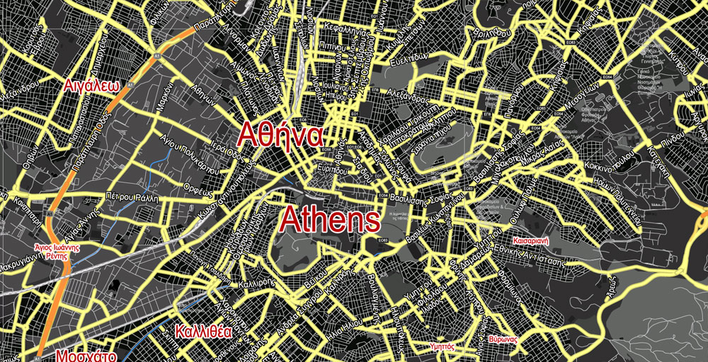 Printable Vector Map Athens + Pireas BW, Greece, exact City Plan 2000 meters scale Street Map, Greek, fully editable, Adobe Illustrator