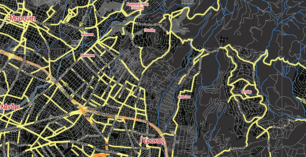Printable Vector Map Athens + Pireas BW, Greece, exact City Plan 2000 meters scale Street Map, Greek, fully editable, Adobe Illustrator