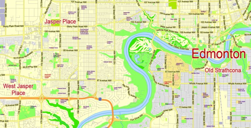 Printable Vector Map Edmonton, 2 km scale Street Map editable City Plan, Adobe Illustrator