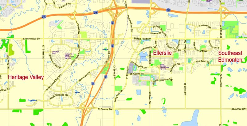 Printable Vector Map Edmonton, 2 km scale Street Map editable City Plan, Adobe Illustrator