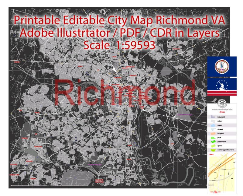 Printable PDF Vector Map Richmond Virginia, exact detailed City Plan BW, Scale 1:59593, editable Layered Adobe PDF Street Map, 37 Mb ZIP