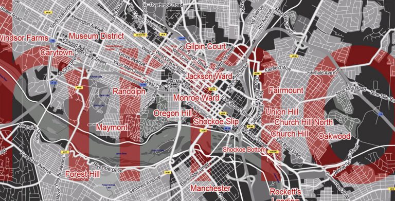 Richmond Virginia Map Printable Vector exact detailed City Plan BW, Scale 1:59593, editable ...
