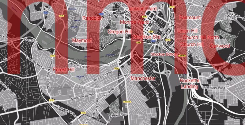 Richmond Virginia Map, Printable PDF Vector exact detailed City Plan BW, Scale 1:59593, editable Layered Adobe PDF Street Map