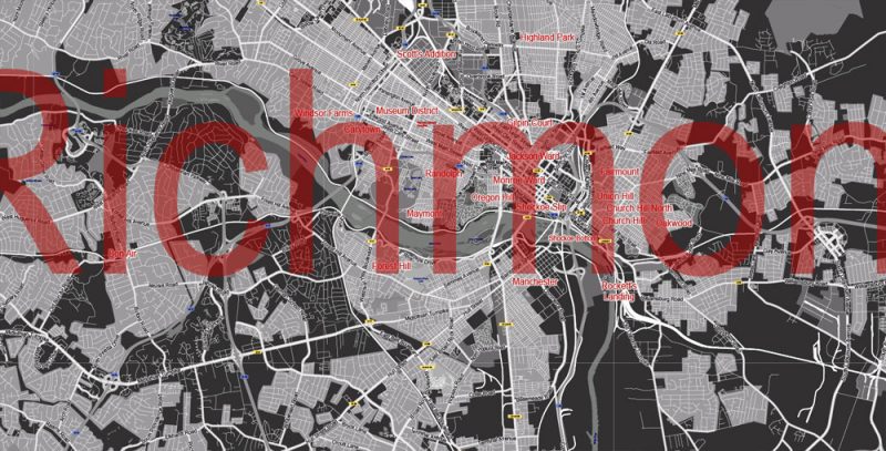 Richmond Virginia Map, Printable PDF Vector exact detailed City Plan BW, Scale 1:59593, editable Layered Adobe PDF Street Map