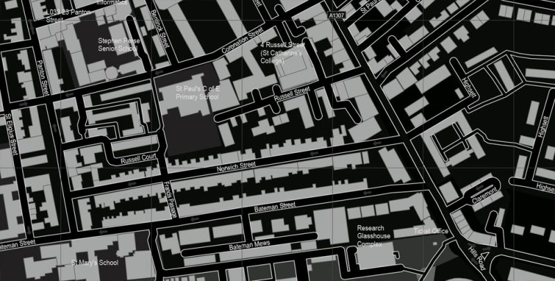 Printable Vector Map Cambridge UK, exact detailed City Plan all Buildings, Scale 1:2879, editable Layered Adobe Illustrator BW Street Map