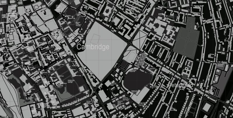 Printable Vector Map Cambridge UK, exact detailed City Plan all Buildings, Scale 1:2879, editable Layered Adobe Illustrator BW Street Map