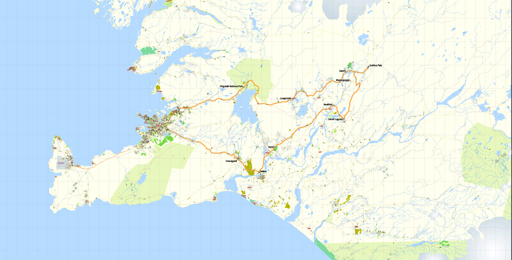 Printable Vector Map Golden Cirkle Iceland, base map 100 meters Scale 1:32443, editable Layered Adobe Illustrator Road Map