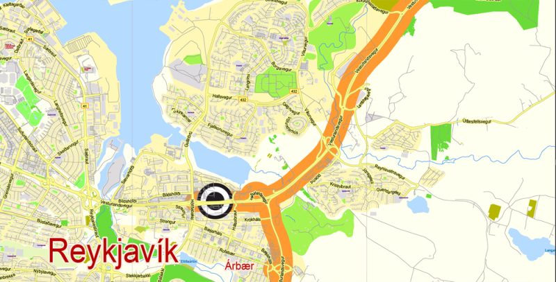 Printable Vector Map Golden Cirkle Iceland, base map 100 meters Scale 1:32443, editable Layered Adobe Illustrator Road Map