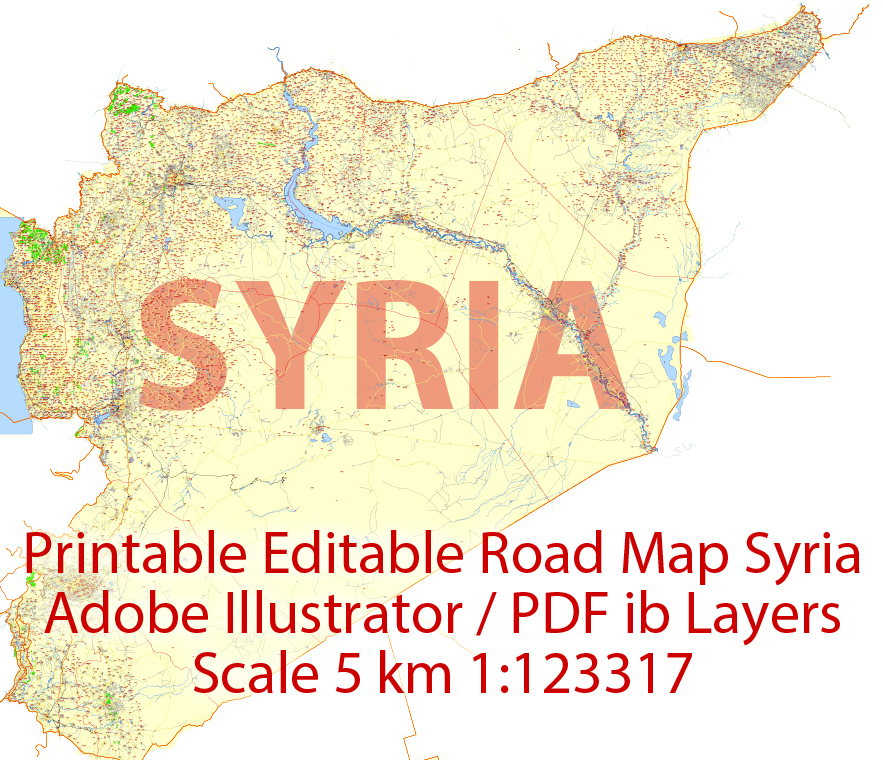 Printable Vector Map Syria, 5 km scale Road Map editable Country Plan, Adobe Illustrator