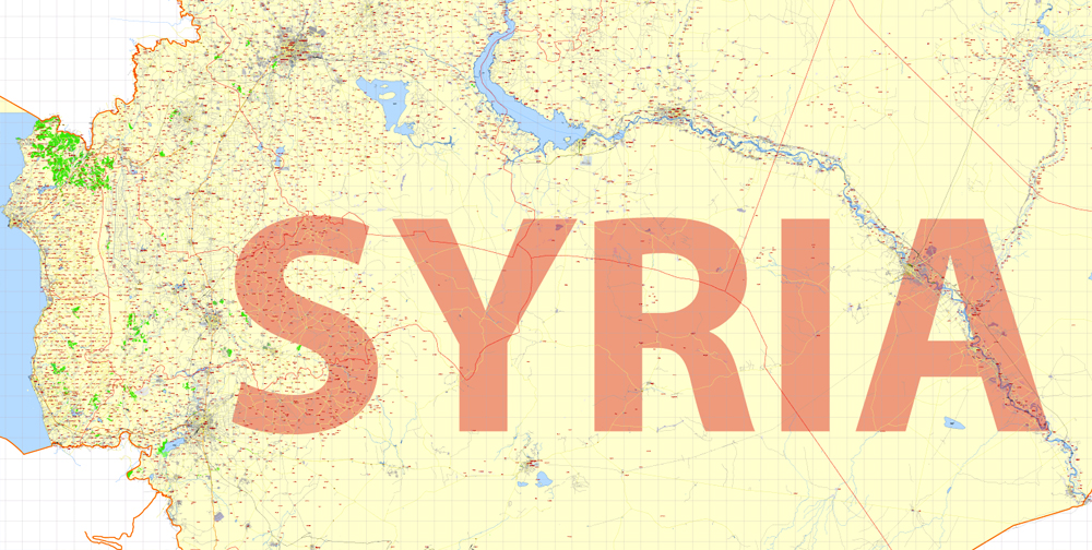 Printable Vector Map Syria, 5 km scale Road Map editable Country Plan, Adobe Illustrator