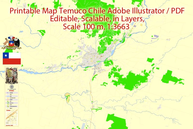 Map Temuco, Chile, exact vector City Plan full editable, Adobe Illustrator Street Map Printable