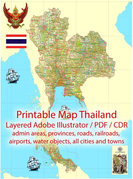 Thailand Map Printable Exact Detailed: Admin, Roads, Cities, Towns, Railroads, Water, Airports in Adobe Illustrator
