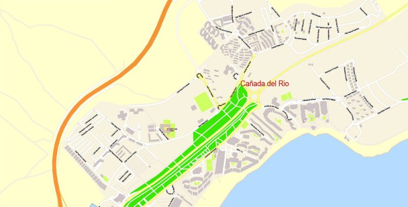Fuerteventura Map Island Canary Spain, exact detailed City Plan Principal Buildings, Topo + Plain Map scale 1:4131, editable Layered Adobe Illustrator Street Map