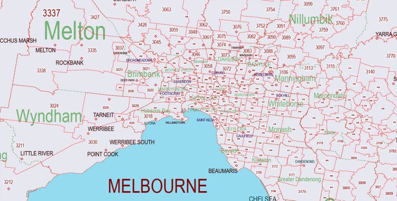 Printable Vector Map Australia, exact extra detailed Country Plan Roads Admin ZipCodes (POA) full editable Adobe Illustrator