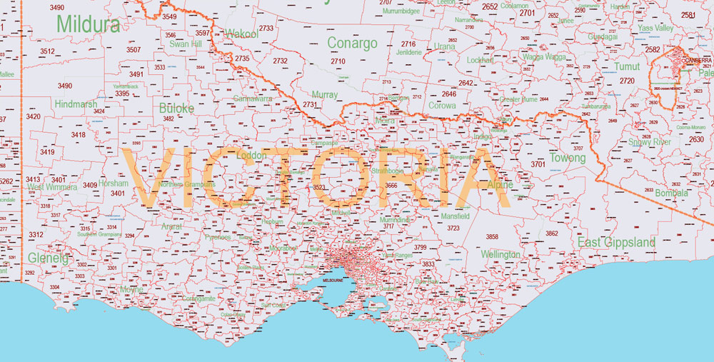 Printable Vector Map Australia, exact extra detailed Country Plan Roads Admin ZipCodes (POA) full editable Adobe Illustrator