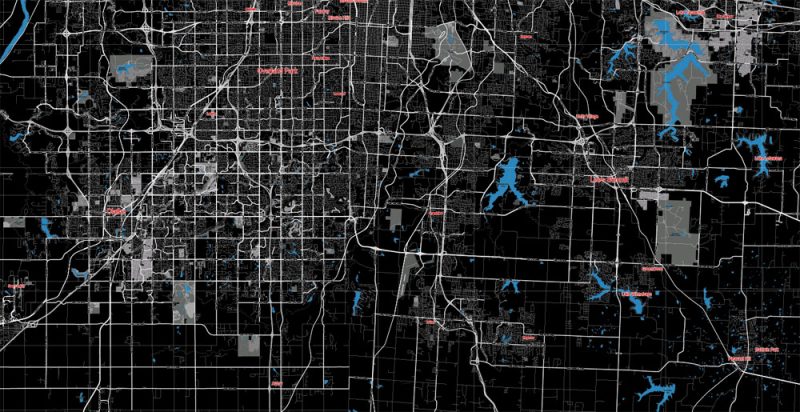 Kansas City Missouri US, exact vector Map City Plan scale 1:58371 BW full editable Adobe Illustrator Street Map