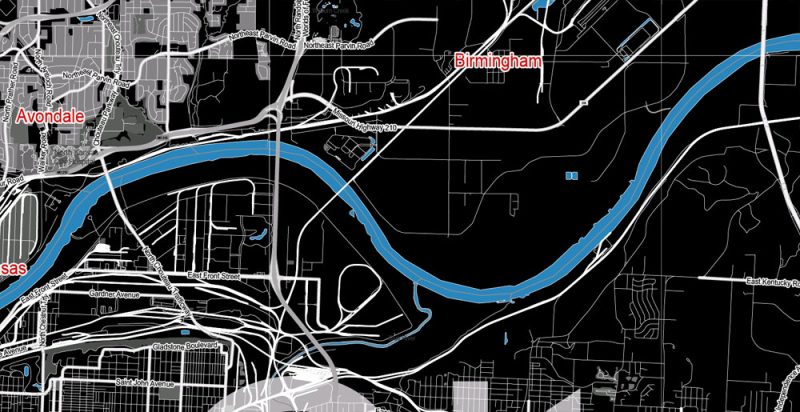 Map Kansas City Missouri US, exact vector City Plan scale 1:58371 BW full editable Adobe Illustrator Street Map