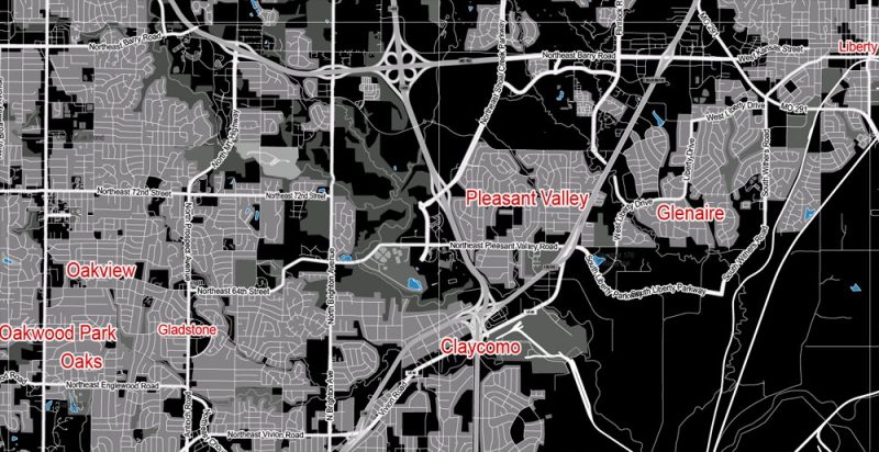 Map Kansas City Missouri US, exact vector City Plan scale 1:58371 BW full editable Adobe Illustrator Street Map