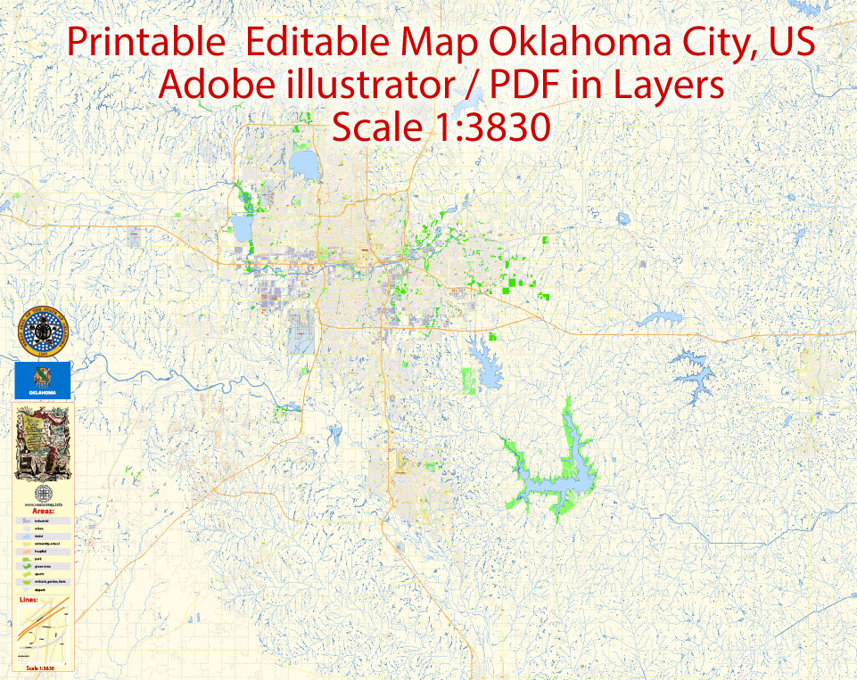 Oklahoma City Metro Area Oklahoma US Printable Vector Map, exact City Plan scale 1:3830 full editable Adobe Illustrator Street Map