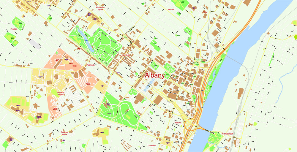 Albany NY Map Vector Printable US exact City Plan full editable in layers Adobe Illustrator Street Map