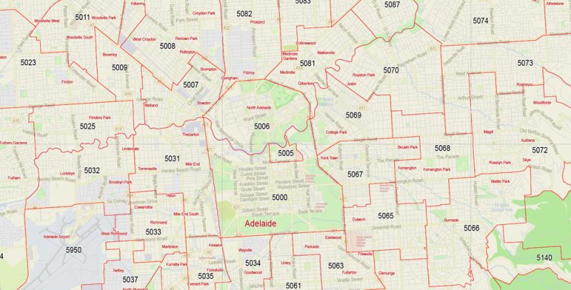Printable Vector Map Adelaide, Australia, exact City Plan, full editable, Adobe Illustrator, scale 1:60608, scalable,  text format all names, all ZIPcodes areas (POA) Street Map