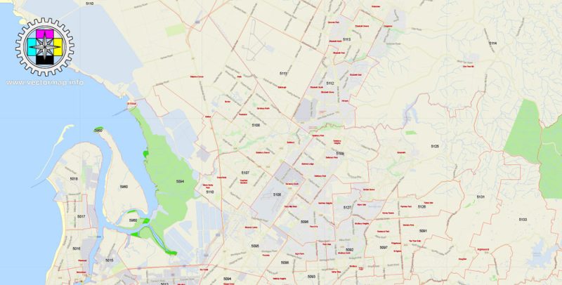 Printable Vector Map Adelaide, Australia, exact City Plan, full editable, Adobe Illustrator, scale 1:60608, scalable,  text format all names, all ZIPcodes areas (POA) Street Map