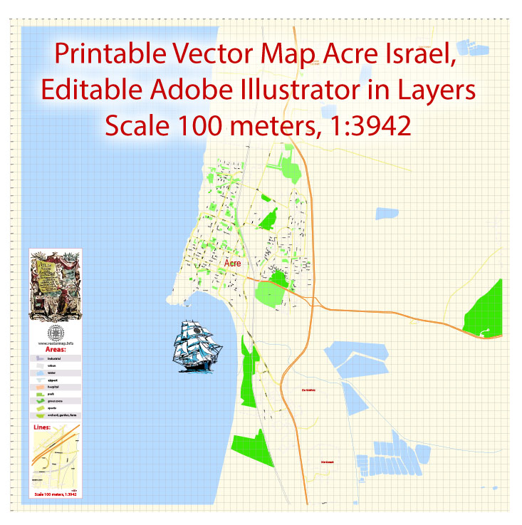Printable Vector Map Acre Israel, exact detailed City Plan scale 1:3942, editable Layered Adobe Illustrator Street Map Eng