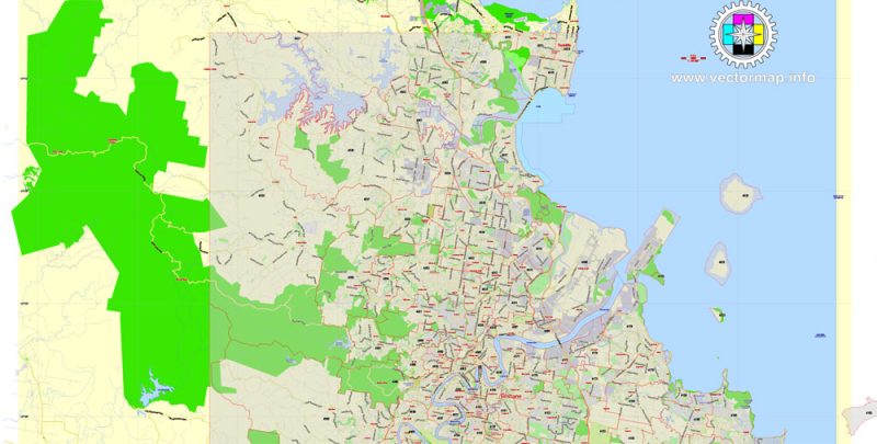 Brisbane Vector Map Australia exact City Plan all ZIPcodes areas (POA) Street Map editable Adobe Illustrator