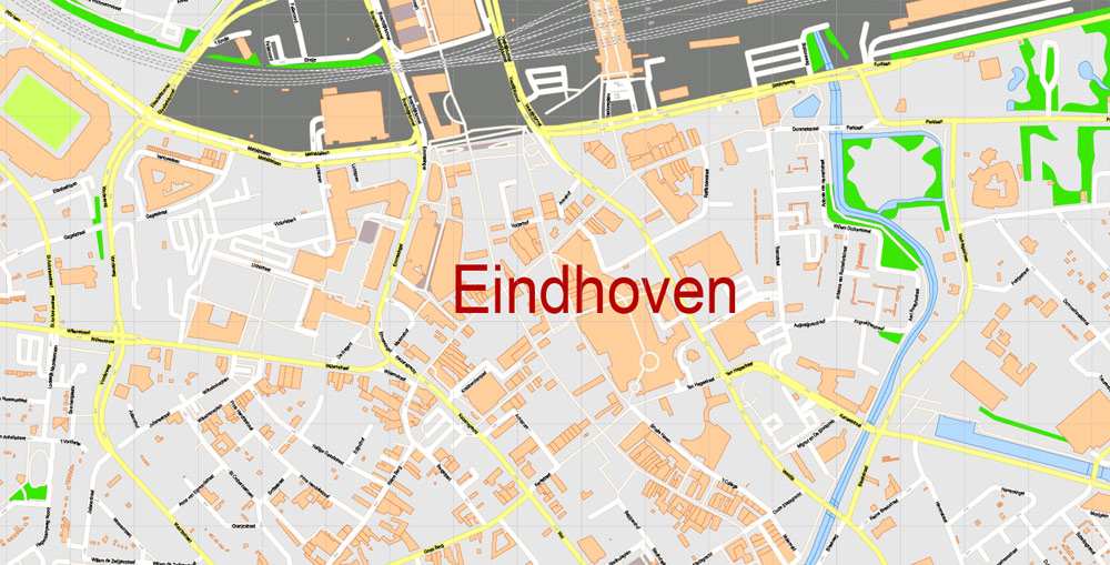 Map Eindhoven Netherlands Printable Vector, exact detailed City Plan, Scale 1:2927, editable Layered Adobe Illustrator Street Map