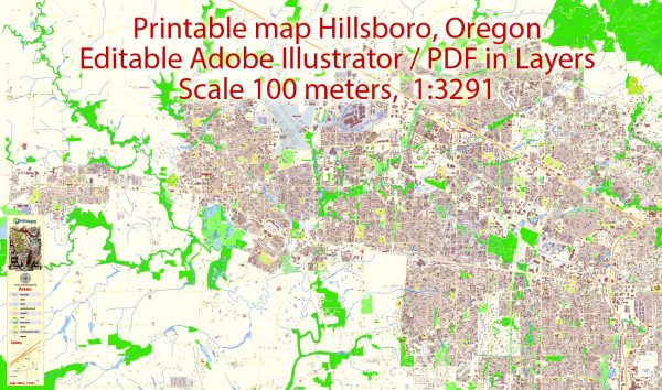 Map Hillsboro Oregon US, exact vector City Plan all Buildings scale 1:3291 full editable Adobe Illustrator Street Map