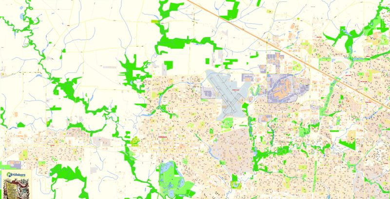Map Hillsboro Oregon US, exact vector City Plan all Buildings scale 1:3291 full editable Adobe Illustrator Street Map