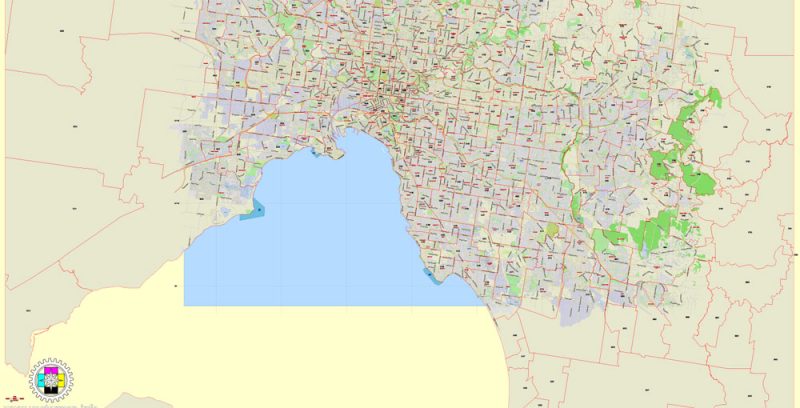 Melbourne Vector Map Australia exact City Plan all ZIPcodes areas (POA) Street Map editable Adobe Illustrator