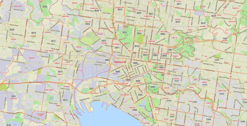Melbourne Vector Map Australia exact City Plan all ZIPcodes areas (POA) Street Map editable Adobe Illustrator
