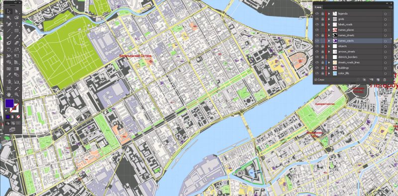 Printable Vector Map Saint Petersburg Russia, exact City Plan scale 1:2352 full editable Adobe Illustrator Street Map