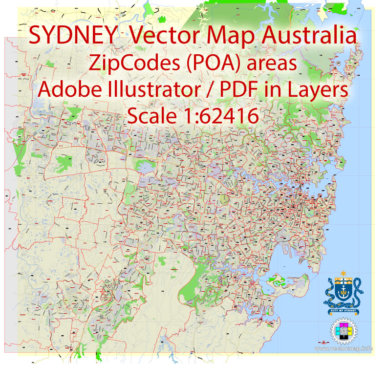 Sydney Map Vector Printable Australia exact City Plan all ZIPcodes areas (POA) Street Map editable Adobe Illustrator