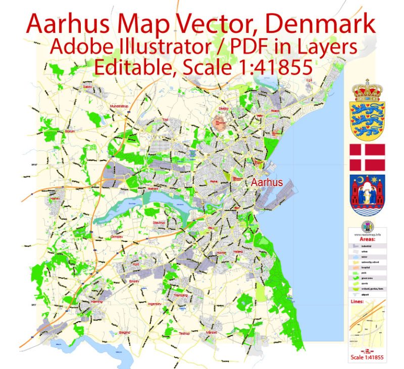 Aarhus Vector Map Denmark exact City Plan scale 1:41855 editable Adobe Illustrator Street Map in layers