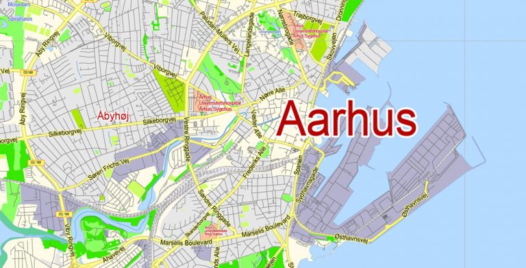 Aarhus Denmark PDF Map exact City Plan scale 1:41855 editable Adobe PDF Street Map in layers