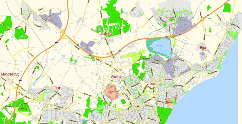 Aarhus Vector Map Denmark exact City Plan scale 1:41855 editable Adobe Illustrator Street Map in layers