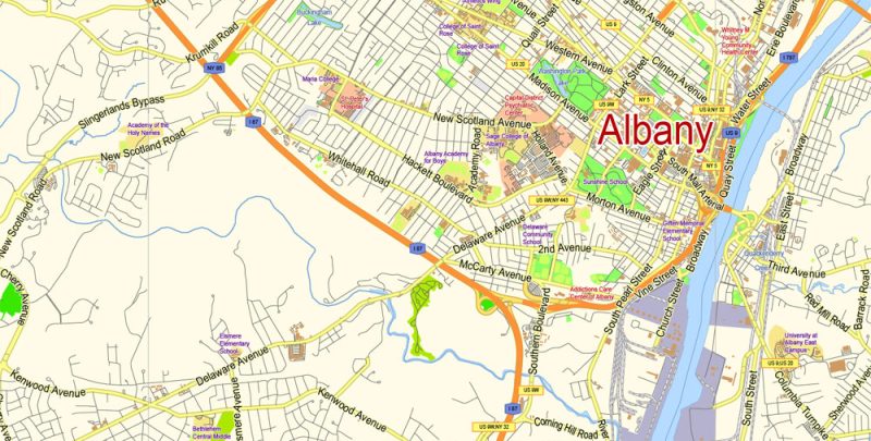 Albany Vector Map NY US, exact City Plan scale 1:55257 full editable Adobe Illustrator Street Map in layers
