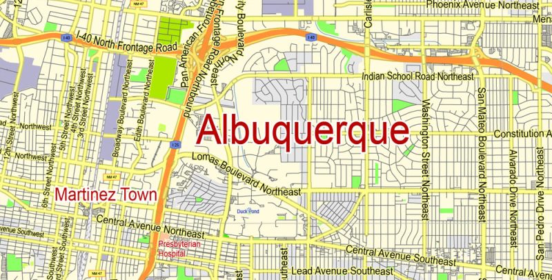 Albuquerque Map Vector NM US, exact City Plan scale 1:61480 full editable Adobe Illustrator Street Map in layers