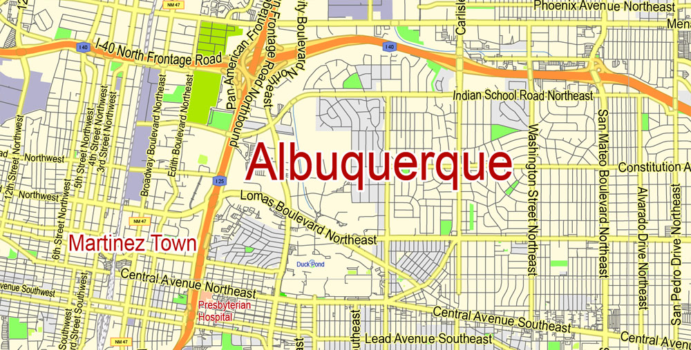Albuquerque Map Vector NM US, exact City Plan scale 1:61480 full editable Adobe Illustrator Street Map in layers
