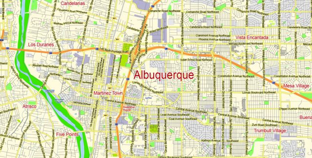 Albuquerque New Mexico US PDF Map Vector exact City Plan scale 1:61480 full editable Adobe PDF 