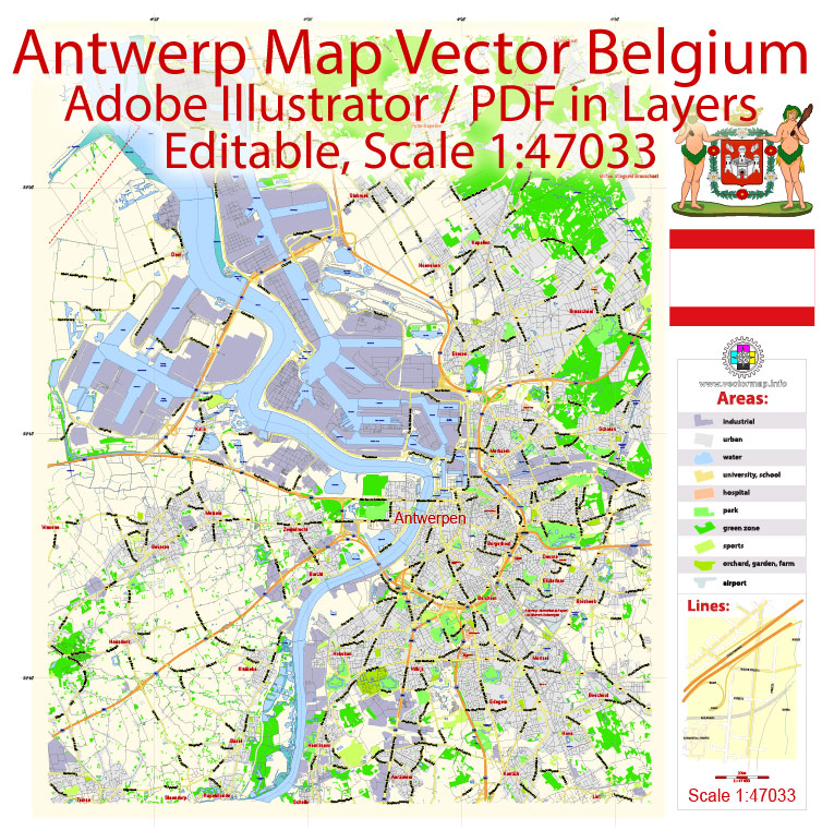 Antwerp Map Vector Belgium exact City Plan scale 1:47033 editable Adobe Illustrator Street Map in layers