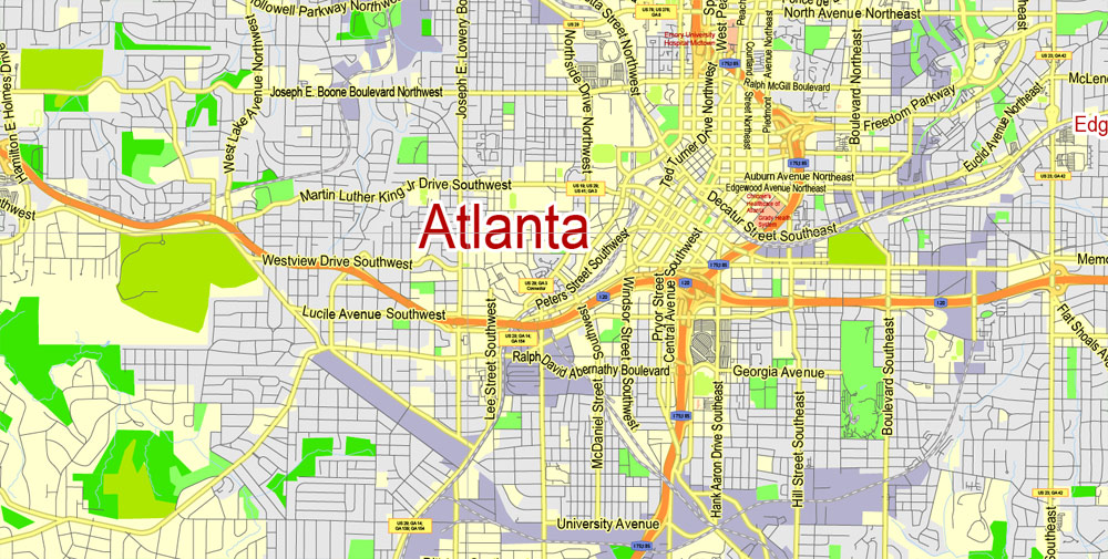 Atlanta Map Vector Georgia US, exact City Plan scale 1:62469 full editable Adobe Illustrator Street Map in layers