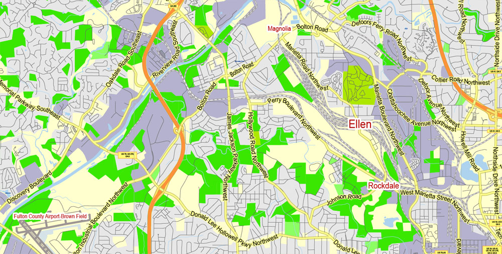 Atlanta Map Vector Georgia US, exact City Plan scale 1:62469 full editable Adobe Illustrator Street Map in layers