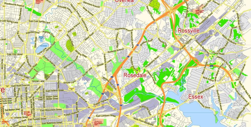Baltimore Map Vector Maryland US exact City Plan scale 1:58142 full editable Adobe Illustrator Street Map in layers