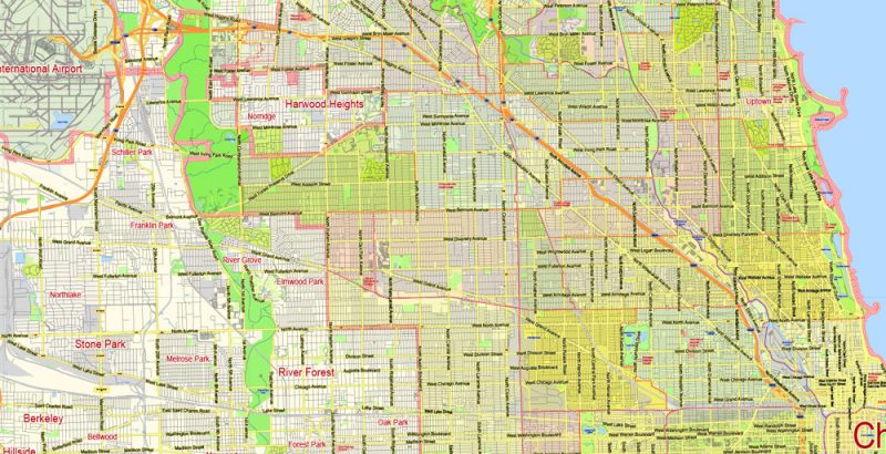 Chicago Map Illinois US, exact City Plan scale 1:55965 full editable Adobe Illustrator Street Map in layers