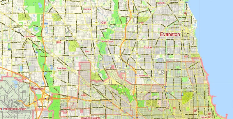 Chicago Map Illinois US, exact City Plan scale 1:55965 full editable Adobe Illustrator Street Map in layers