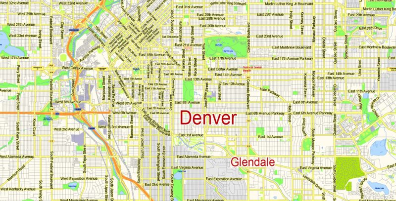Denver Map Vector Colorado US exact City Plan scale 1:57789 full editable Adobe Illustrator Street Map